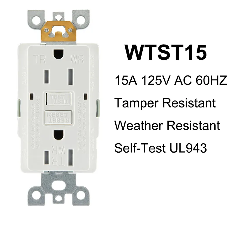 White Smart Duplex Self-Test 125V 20Amp Tamper Weather Resistant TR GFI Socket Wall Mounted GFCI Receptacle Outlet