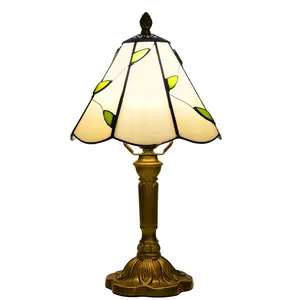 米色树叶风格蒂芙尼台灯床头柜灯复古台灯客厅、卧室彩色玻璃，