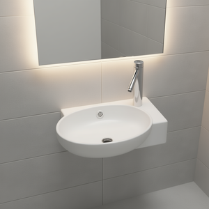 Grifo de lavabo de cerámica con orificio de desagüe, montaje en pared redondo, manija de palanca de un solo orificio, diseño minimalista para lavabos de baño - Product Image 2