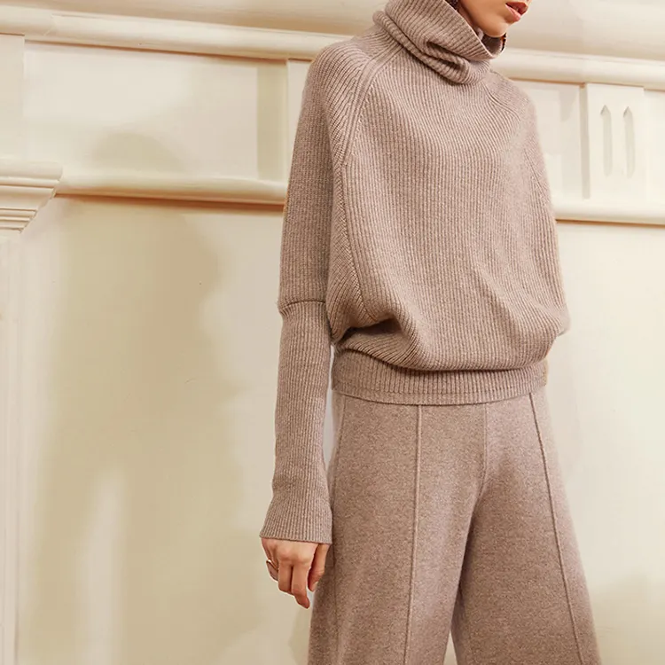 Custom Women's Sweaters Sets Knitted Turtleneck Female Cashmere Wool Sweater 2 Piece Wide Leg Pants Knitwear Sets For Women