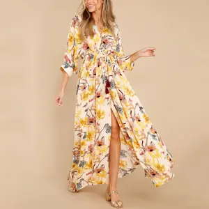 2023 Design Autumn Ladies V Neck Half Sleeve Cotton Ladies Long Dress Floral Print High Slit Waist Lace Up Summer Dresses Women