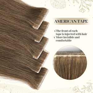 Extensiones de Cabello Humano Natural Liso Sedoso Ondulado Doble Trama Remy PU Invisible de 16-20 Pulgadas con Cinta Adhesiva, Color Oscuro y Rubio - Product Image 5