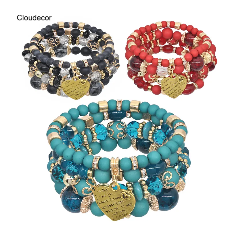 Bohemian Acrylic Plastic Beads Stack Bracelet With Heart Charm Colorful Crystal Women Multi-Layered Matte Beaded Bracelet Set