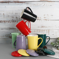 Mug en céramique de style nordique avec couvercle et cuillère, couleur unie, tasse à café ou à thé pour la maison, idéal pour un cadeau