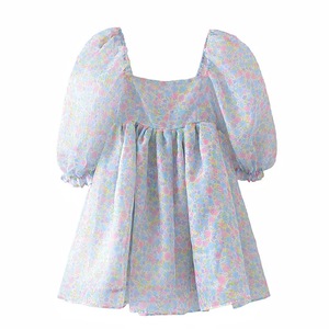Vestido de festa quadrado, verão, gola quadrada, estampa floral, malha, manga bufante, vestido de noite, vestidos elegantes - Product Image 2