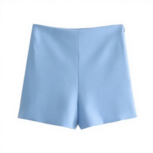 Shorts décontractés tendance bleu clair pour femme, taille mi-haute, avec fermeture éclair, en tissu respirant teint en pièce – Grande Vente - Product Image 2