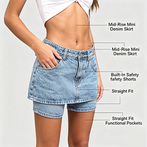 Jupe en jean à ourlet droit pour femme, mini-jupe taille mi-haute avec short intégré, style à ourlet nettoyeur, facile à enfiler - Product Image 5