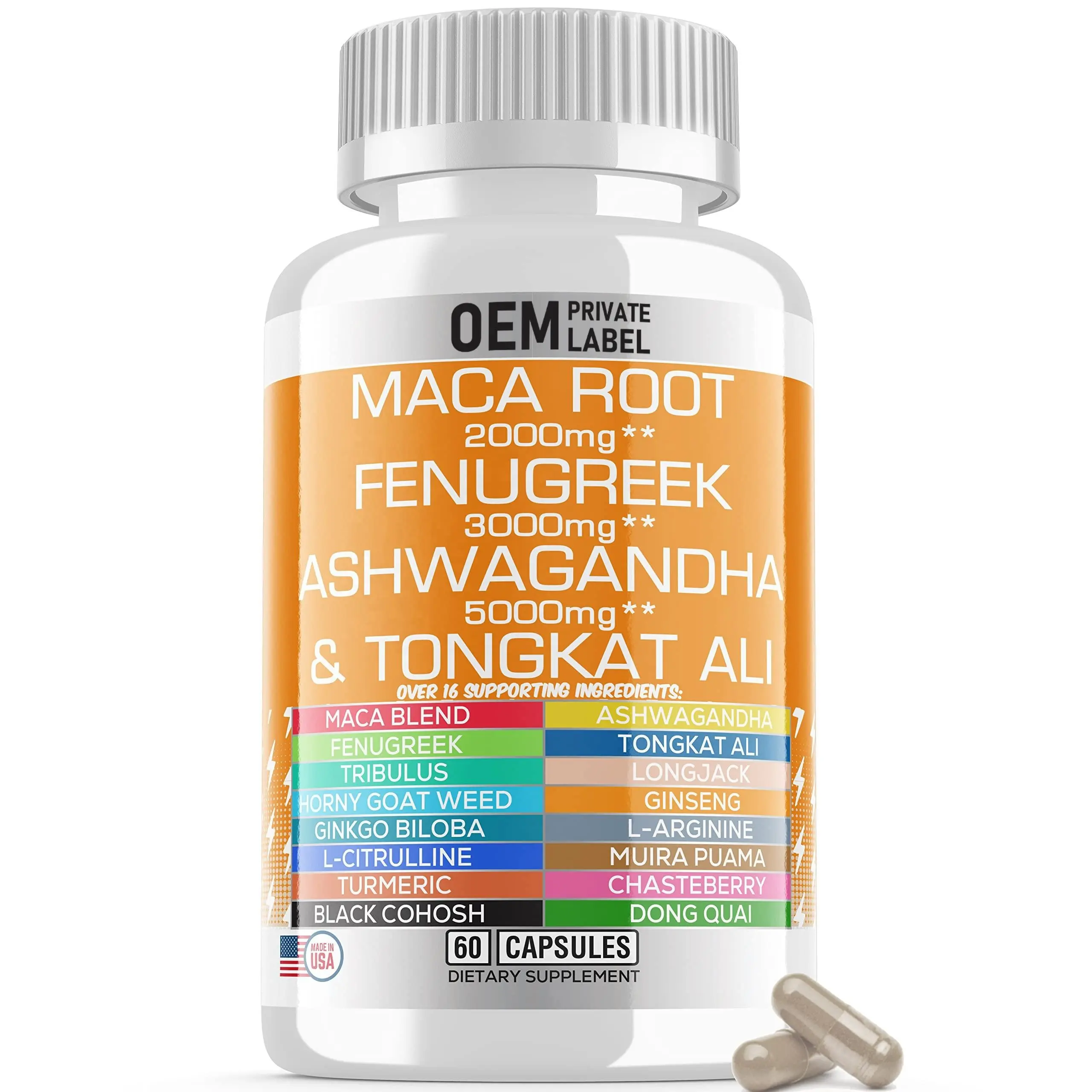 Tùy chỉnh viên nang Maca gốc Ashwagandha bổ sung Tongkat Ali Dong Quai Ginkgo Biloba L Arginine nhân sâm nghệ viên nang