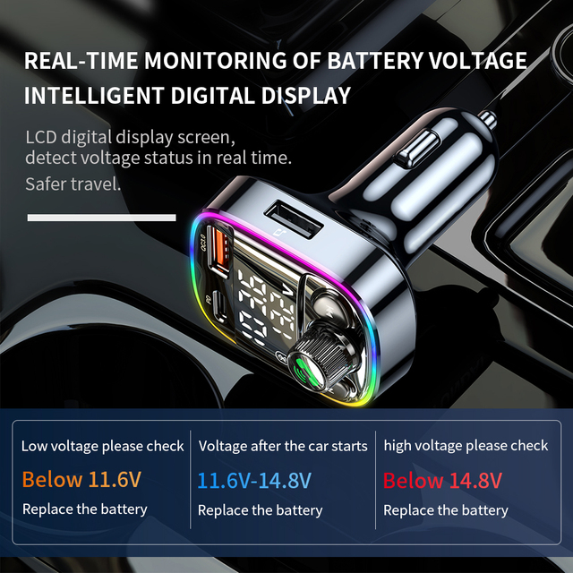 Car FM Transmitter for 5.0 Fast Charger Dual USB QC3.0 MP3 Player Handsfree Call Voltage Display TF USB
