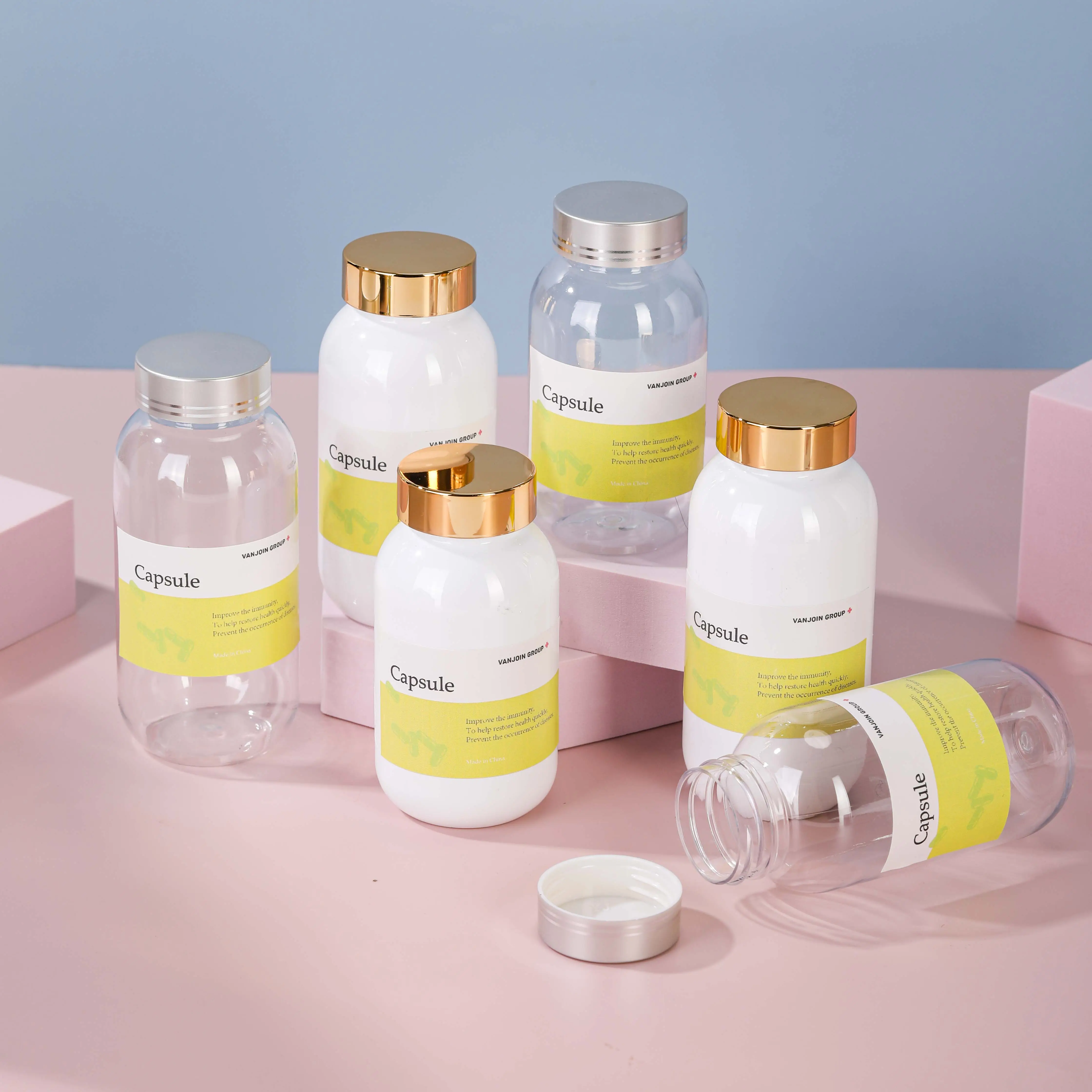 Bottiglie di plastica per pillole con tappi a vite in acrilico trasparente per farmacia con copertura elettrolitica in argento dorato
