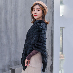 Women's Real Rabbit <b>Fur</b> Long Poncho Casual Winter Cape Handmade Fashion Knitted Elastic <b>Shawl</b> PINGRONG Breathable Solid 64-66cm - Product Image 4