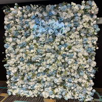 MoKtong Latar Belakang Dinding Bunga Biru Muda 8ft X 8ft 5D dengan Mawar Sentuhan Asli dan Tanaman Hijau untuk Dekorasi Pesta Baby Shower dan Pengungkapan Jenis Kelamin Bayi.