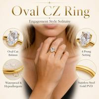 Cincin Oval CZ Gaya Pertunangan Baja Tahan Karat Lapis Emas PVD 4 Prong 8x6mm Solitaire Tahan Air Hipoalergenik Grosir Kustom