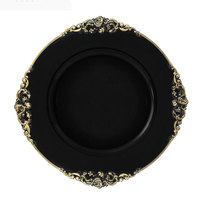 Assiette de présentation noire en plastique de 13 pouces avec bord doré, style vintage, pour mariage, assiette de table, sous-assiette en plastique