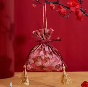 珠宝小袋小配件包装织物拉绳袋红色复古中国幸运袋糖果袋