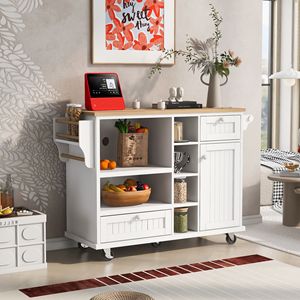 DB Modern Kitchen Island Cart Escritorio de madera maciza Dos ruedas de bloqueo Gabinete para microondas Gabinete de almacenamiento para buffet de pie - Product Image 1