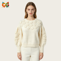 Pull en tricot ample et court à col rond, motif floral 3D fait main au crochet, style Cottagecore, pour femme, collection automne-hiver