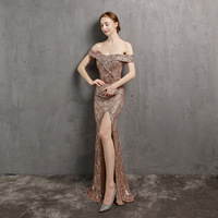 Robe de soirée sexy pour femmes, sans bretelles, en satin, brodée de paillettes, silhouette sirène/trompette, soutien-gorge intégré