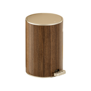 Cylindrical Trash Can Wood Grain Finish Foot Operated Indoor Waste <b>Bin</b> - Product Image 3