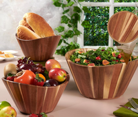Ensemble de 3 saladiers en bois d'acacia anti-fissuration avec rebord ondulé, bols à mélanger empilables pour fruits, légumes, salades, dîner en famille