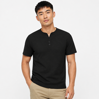 Kemeja Pria Lengan Pendek Tekstur Waffle Warna Solid OEM dengan Kerah Henley, Dua Kancing, dan Sedikit Elastis untuk Pemakaian Musim Panas