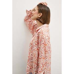 Camisa Modal con Estampado Floral Naranja para Mujer, Blusa Casual con Botones, Estilo Diario, Tela Popelina - Product Image 1