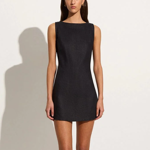 Minivestido de lino puro 100% personalizado al por mayor para mujer, cinturón de verano, cuello redondo, informal, suelto, sin mangas, ecológico, barato - Product Image 1
