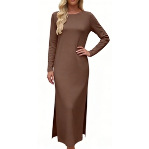 Robe longue unie à manches longues et fente latérale avec poches pour femme - Vêtements pour femme Sehe Fashion - Product Image 1