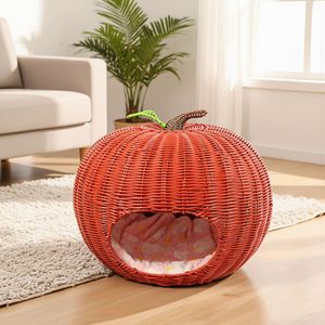 Cama para Perros y Gatos de Mimbre de Resina Plástica con Forma de Manzana, Elegante y en Oferta, Cama Semicerrada para Mascotas, Lavable, con Colchón - Product Image 2