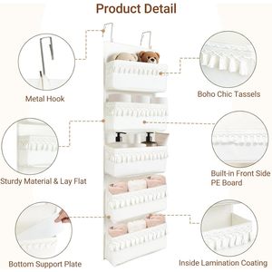 Over The Door Organizer 5 Pockets White Cotton Hanging <b>Storage</b> With Tassels For Nursery Baby Products Cosmetics - Product Image 4