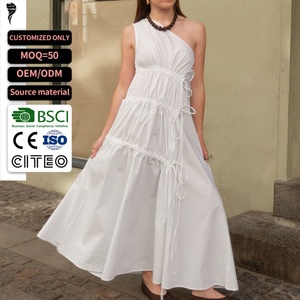 Custom Women One Shoulder <b>Maxi</b> Dress Side Drawstring Tiered Ruffle Long Dress Sleeveless Cotton Casual Vacation <b>White</b> Dress - Product Image 1