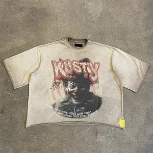 Custom DTG Printed Graphic Heavyweight T-shirt Acid Wash Mock Neck Tshirt Boxy Oversized Vintage White Box Fit Tee 400 Gram