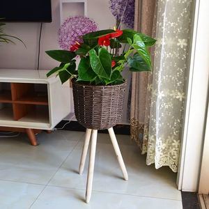 Woven Flower Pot Stand With Wooden Legs Minimalist Design For Indoor Home Use Circular Floor Standing Plant <b>Basket</b> - Product Image 4