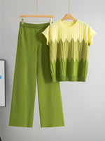 Ensemble deux pièces tricoté pour femme : Haut sans manches à col rond et pantalon large, nouvelle collection été, color block