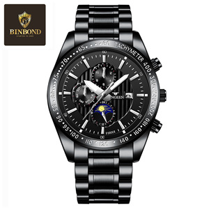 Binbond Automatic Men's Watch 40mm Stainless Steel Band Tachymeter Date Moon Phase Waterproof 30M - Product Image 5
