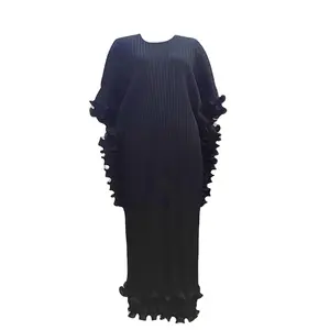 2023新しいデザインの女性のフリンジラウンドネックドレス無地ルーズフィットプラスサイズマキシプリーツバットウィングスリーブドレス