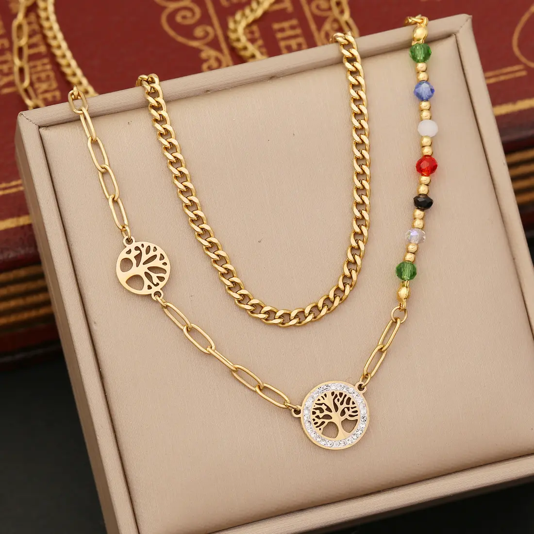 2023 New Arrival 18k Gold Plated Tree Of Life Cross Double Layered Necklace Women Pearl Pendant Necklace