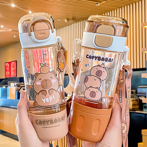 Gelas Plastik PC Capibala Double Drink Baru dengan Tutup Elastis, Sedotan & Tali, Desain Kartun Kreatif, Untuk Anak-Anak Unisex, Cocok untuk Perjalanan - Product Image 6