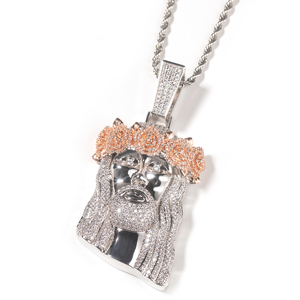 Collar Religioso con Colgante de Jesús Cristiano con Corona de Rosa Rosa y Circonitas de Dos Tonos, Chapado en Oro, Estilo Hip Hop, para <span class=keywords><strong>Hombre</strong></span> y Mujer - Product Image 2