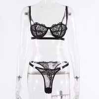 Groothandel dames borduurwerk gewassen zwarte kant sexy tweedelige lingerie set bh en strings