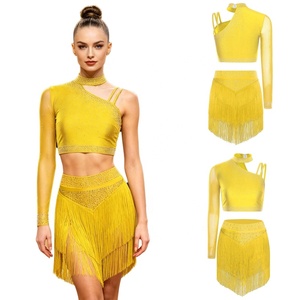 Traje de Baile Latino con Pedrería para Mujer, Falda con Flecos, Top Corto Asimétrico de Una Manga, Conjunto de Ropa de Baile para Competencia, Personalizado - Product Image 3