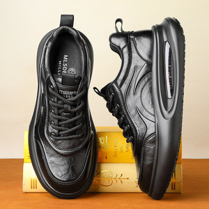 Chaussures décontractées en cuir noir pour hommes, talon moyen, semelle épaisse, rehaussantes, à lacets avant, couleur unie, modèle 70182 - Product Image 2