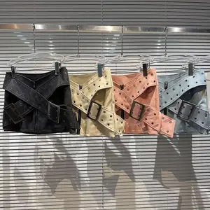Girls 2024 Spring and Autumn New style fried street cross wide belt pu Leather fashion short skirt