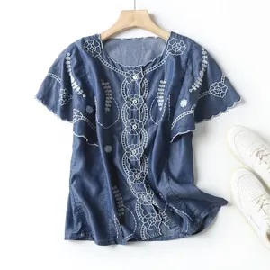 Cs321 Mới 2023 Châu Âu Chic Thêu Rắn Ngắn Tay Áo Áo Phụ Nữ Thanh Lịch Mềm Jeans Áo Cánh Áo Sơ Mi Tops 4