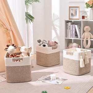<span class=keywords><strong>Cestas</strong></span> de Almacenamiento Cúbicas Hechas a Mano, Paquete de 3, <span class=keywords><strong>Cestas</strong></span> Tejidas de Cuerda de Algodón de 13 Pulgadas para Sala de Estar con Asas - Product Image 1