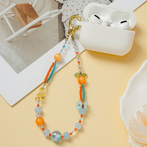 Cordon de téléphone anti-perte fait main avec perles de cristal motif mandarine et impression UV, breloque de téléphone fleurie Kawaii, support de poignet - Product Image 6