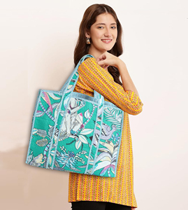 Floral Panelled Canvas Tote <b>Bag</b> Bohemian Open Top Summer Shopping <b>Bag</b> Green White Blue - Product Image 5