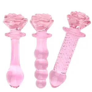 Crystal Pink Flower Beads anal wand Glass rose Butt Plug Dildo Anal Sex Toys Glass Rose Bud Anal Plug for Women