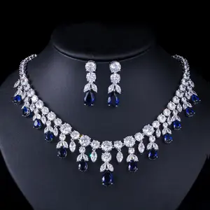 Luxus dunkelblaue Frauen Hochzeits feier Kleid Schmuck Big Dangle Drop Braut CZ Halskette Ohrringe Schmuck Sets