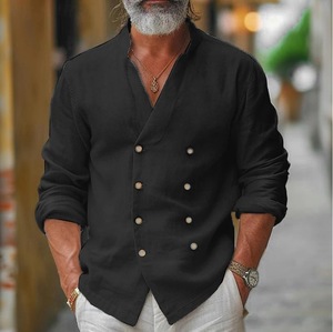 Camicia Doppiopetto da <span class=keywords><strong>Uomo</strong></span> Casual Elegante con Colletto alla Coreana in Cotone e <span class=keywords><strong>Lino</strong></span> Cardigan a Maniche Lunghe - Product Image 3